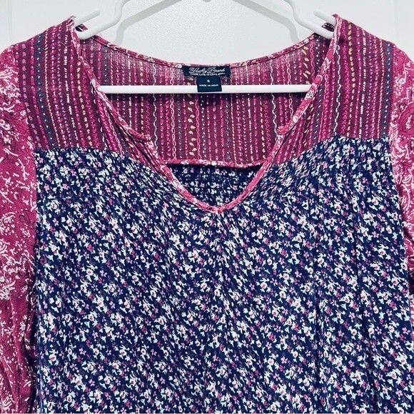 Lucky Brand Mixed Print High Low Boho Top 3/4 Ruched Sleeve Women's Size Small - Picture 2 of 12